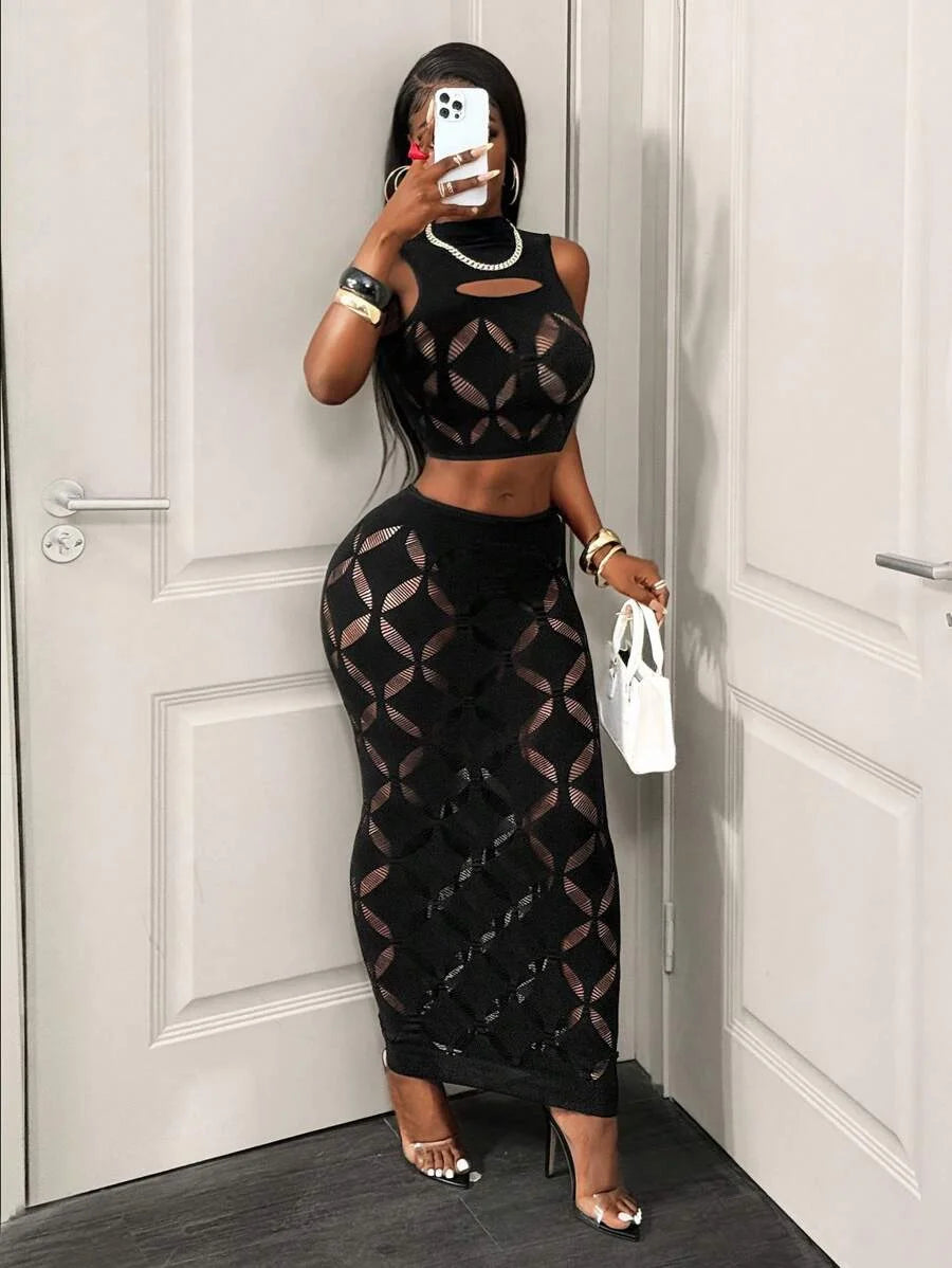 Mesh Crop Tank & Bodycon Mini Skirt Set — Women's Clubwear