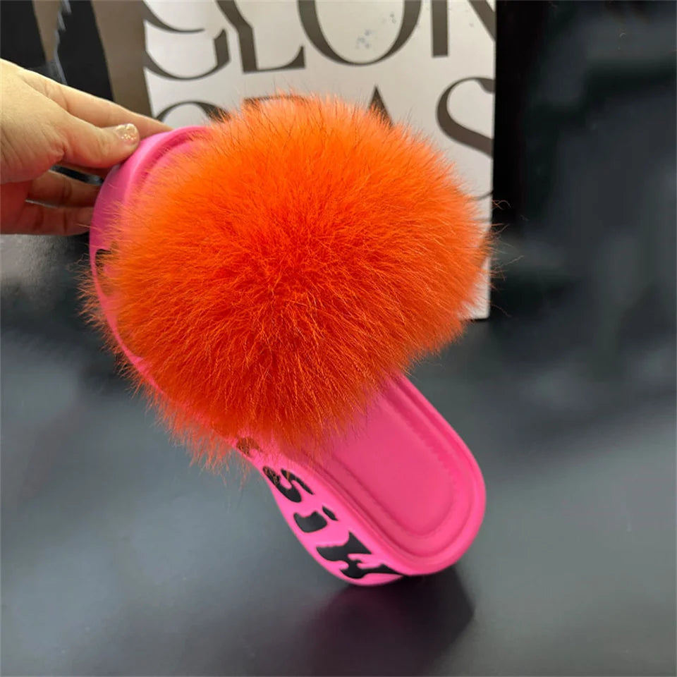 Women's Fox Fur Slippers Summer Open-Toe Fluffy Slippers Anti-Slip Shoes for Woman Sandals Fluffy Black Slides Fur Slides
