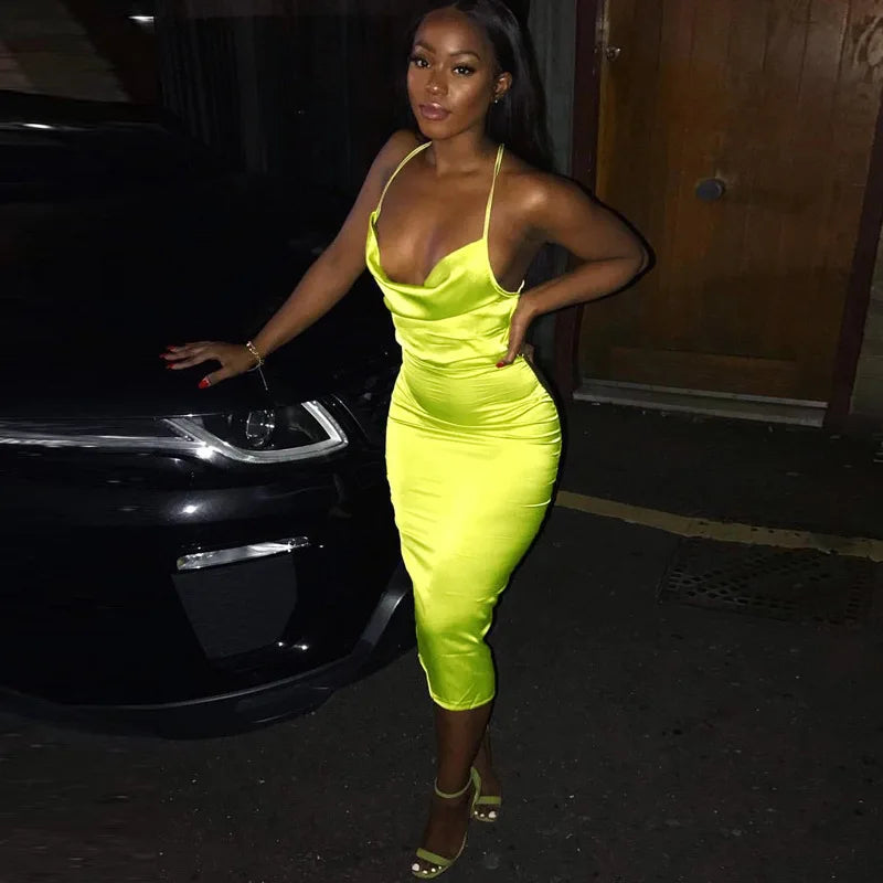 Neon Satin Lace-Up Bodycon Midi Dress — Women's
