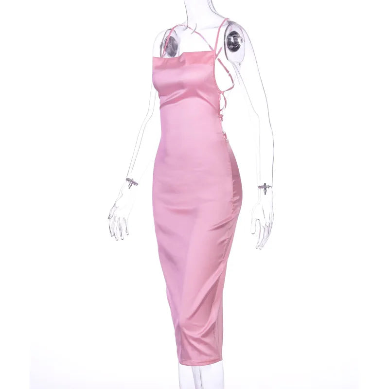 Neon Satin Lace-Up Bodycon Midi Dress — Women's