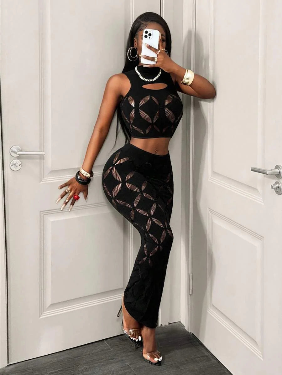 Mesh Crop Tank & Bodycon Mini Skirt Set — Women's Clubwear