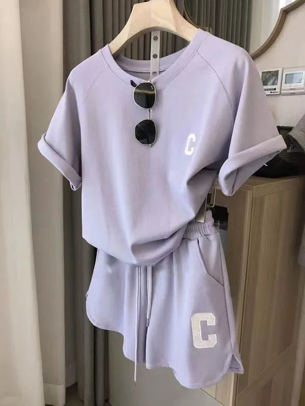 Women's Print Letter T-Shirt & Shorts Two-Piece Set