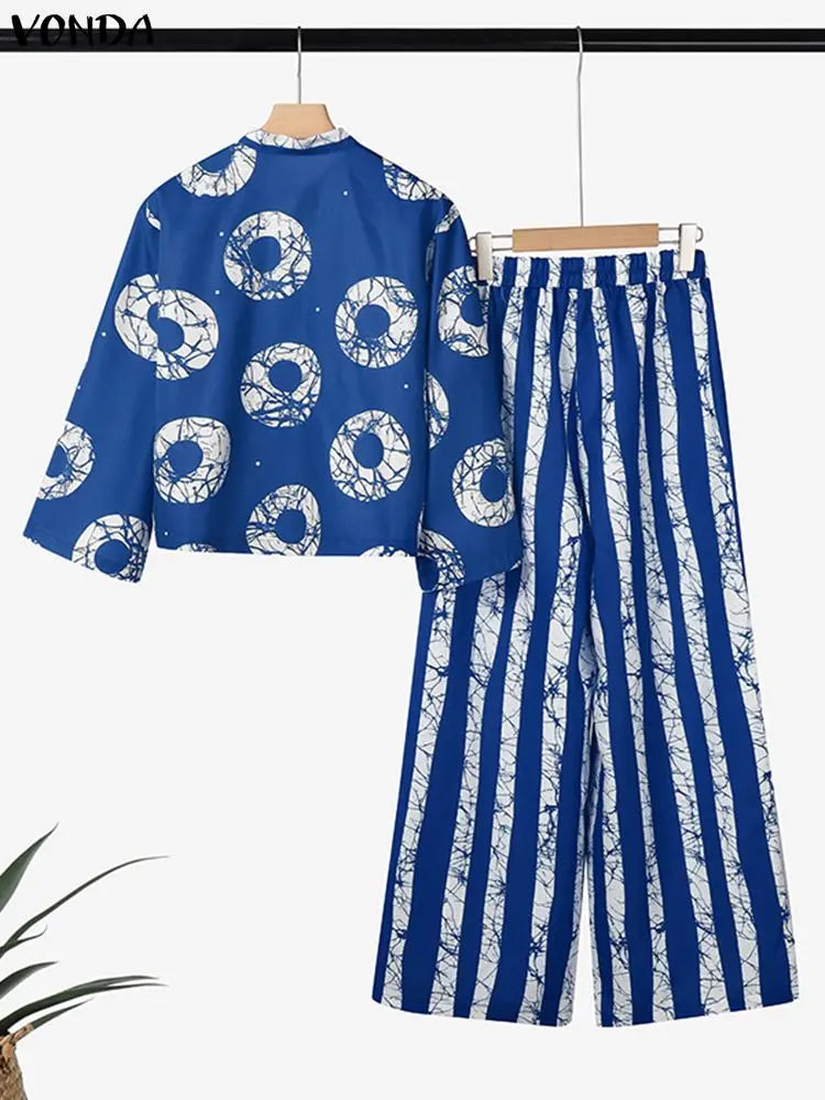 Plus Size Bohemian Print Shirt & Wide Leg Pants Set — Women