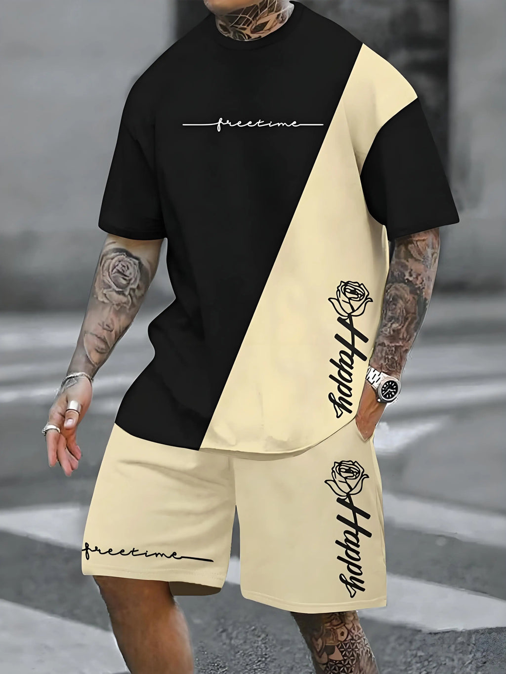 Men's Plus Size Urban Street T-Shirt & Shorts Set