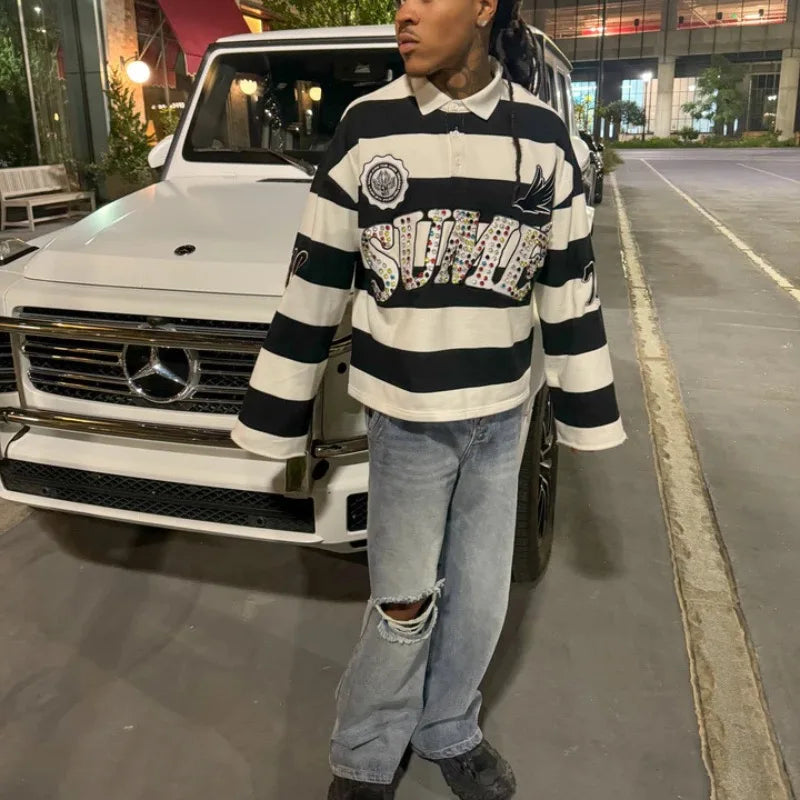 Y2K Stripe Embroidery Long Sleeve Polo