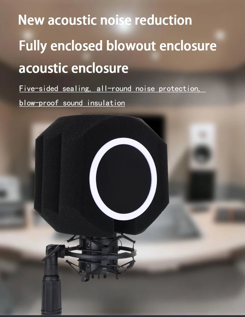 Acoustic Windscreen 5-Sided Seal - Wind Noise Reduction, Side-Open POP Filter, Quiet Studio, Portable & Lightweight