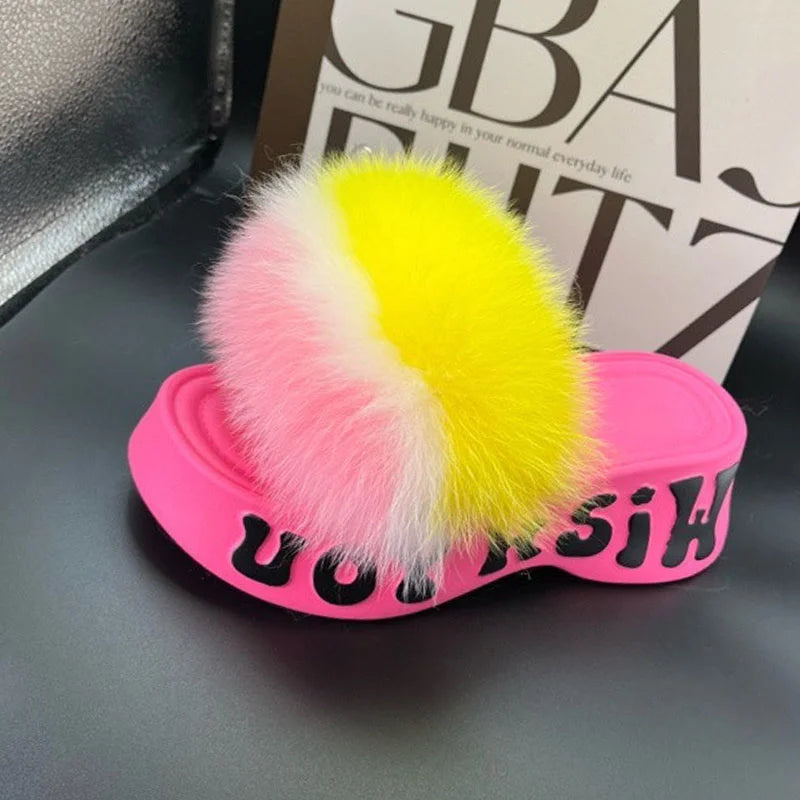 Women's Fox Fur Slippers Summer Open-Toe Fluffy Slippers Anti-Slip Shoes for Woman Sandals Fluffy Black Slides Fur Slides
