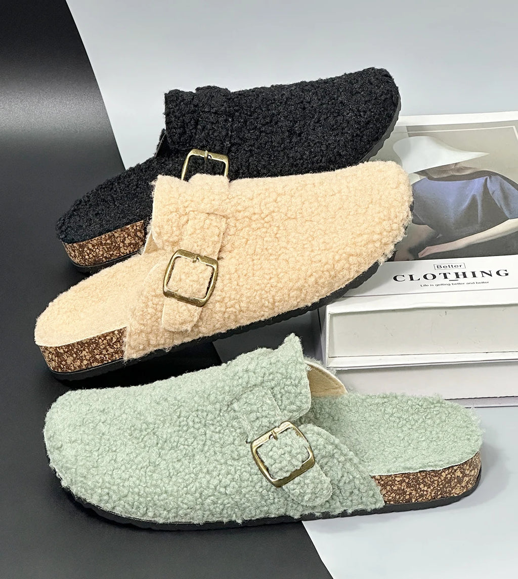 New Plush Closed-toe Slippers Retro Sandals Women Men's Indoor & Outdoor Slip-on Flat Shoes Suitable For Fall & Winter