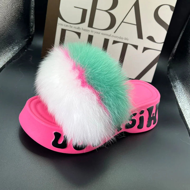 Women's Fox Fur Slippers Summer Open-Toe Fluffy Slippers Anti-Slip Shoes for Woman Sandals Fluffy Black Slides Fur Slides
