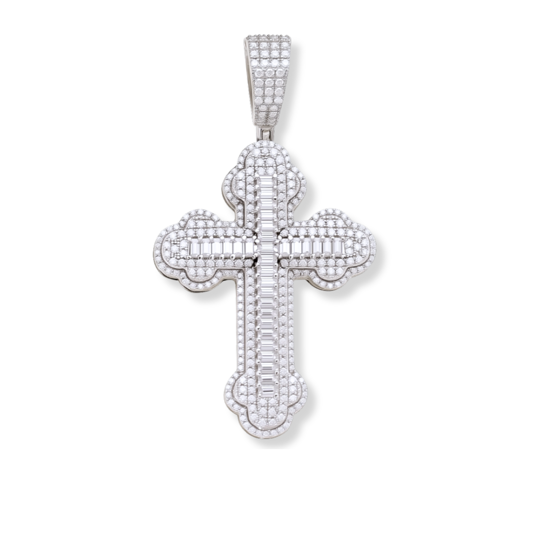 Moissanite Cross Pendant – 925 Silver Iced Baguette Jewelry